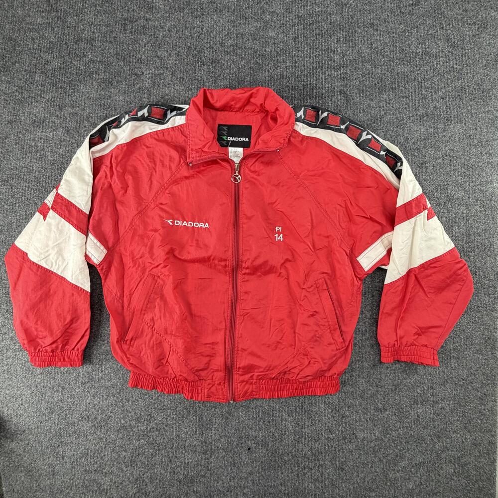Vintage Diadora Jacket Mens Large Red Colorblock Soccer Windbreaker Logo Tape
